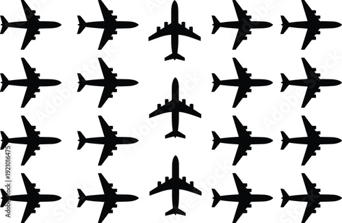 Airplane silhouette collection featuring multiple commercial jet aircraft top and side views isolated on light background, aviation transport icons set for travel, airline and flight design use