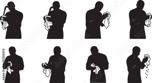 Black Solid Mechanic Cleaning Hands Silhouettes Set of Six on White Background