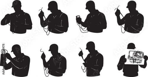 Black Solid Mechanic On Break Silhouettes Set of Six on White Background