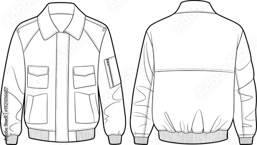 Bomber jacket front and back view template, casual zip up outerwear outline mockup isolated on white background