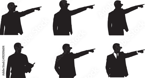 Black Solid Mentor Pointing to Horizon Silhouettes Set of Six on White Background