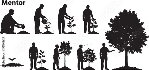 Black Solid Mentor Planting Seed Silhouettes Set of Six on White Background