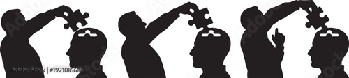 Black Solid Mentor Puzzle Head Metaphor Silhouettes Set of Six on White Background