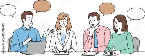 Business team meeting discussion with colleagues sharing ideas and taking notes, collaborative communication and teamwork concept illustrating planning, brainstorming