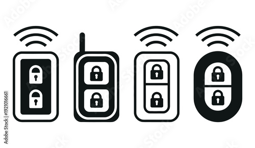 Remote key automobile car icon symbol sign, black and white vector design, simple automotive security and vehicle control illustration