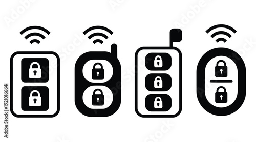 Remote key automobile car icon symbol sign, vector design black and white simple illustration collection set for automotive security