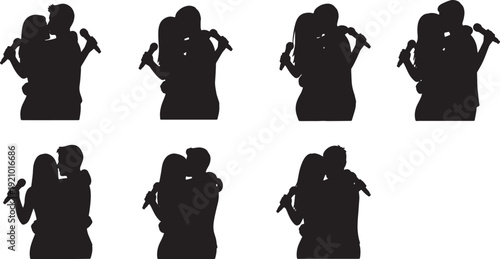 Black Solid Microphone Sing Speech Hugs Set of Six on White Background
