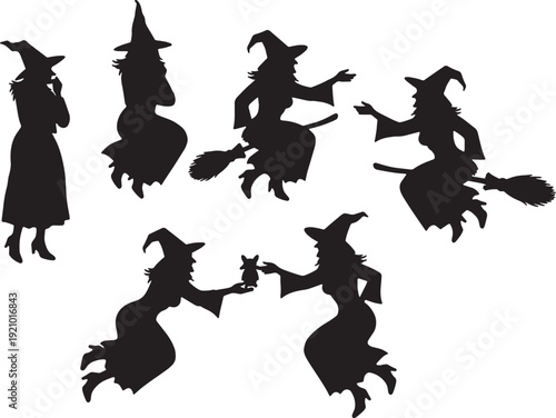 Black Solid Mid-Air Interaction Witch Silhouettes Set of Six on White Background