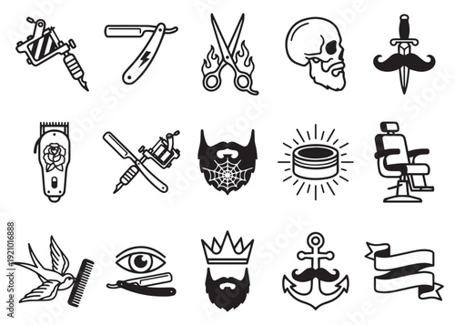 Barber shop and tattoo studio vector icons for design and branding
