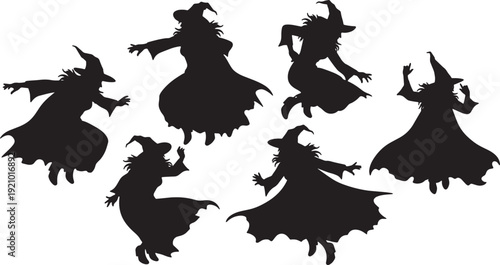 Black Solid Mid-Air Pivot Witch Silhouettes Set of Six on White Background