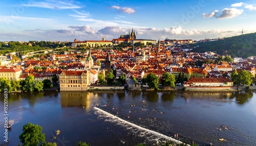 Aerial view of an old city with red rooftops along river at sunset with castle in background