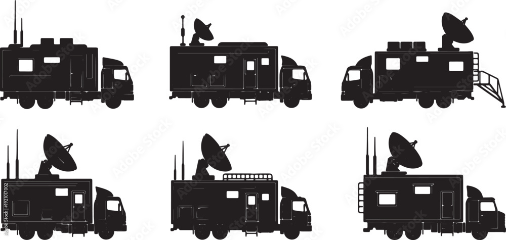 Obraz premium Black Solid Mobile Communication Truck Silhouettes Set of Six on White Background