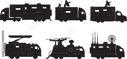 Black Solid Mobile Command Center Truck Silhouettes Set of Six on White Background