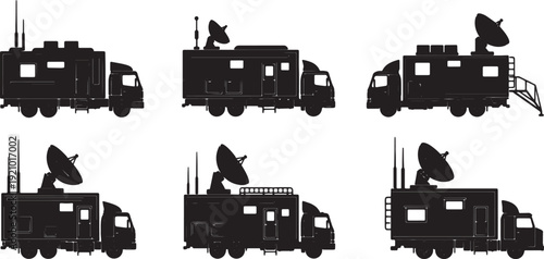 Black Solid Mobile Communication Truck Silhouettes Set of Six on White Background