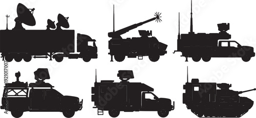 Black Solid Mobile Command Post Truck Silhouettes Set of Six on White Background