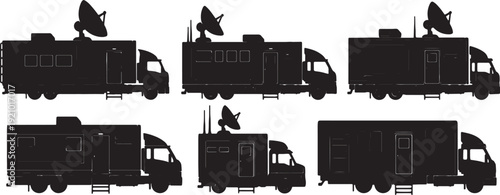 Black Solid Mobile Data Center Truck Silhouettes Set of Six on White Background