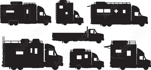 Black Solid Mobile Dental Clinic Truck Silhouettes Set of Six on White Background
