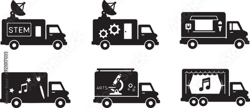 Black Solid Mobile Educational Outreach Truck Silhouettes Set of Six on White Background