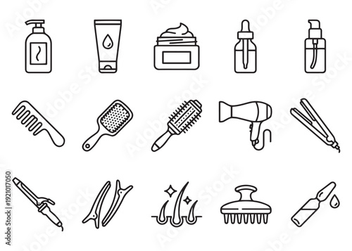 Hair care and styling tools line art icons set for beauty and personal grooming