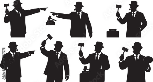 Black Solid Auctioneer Gavel Silhouettes Set of Six on White Background