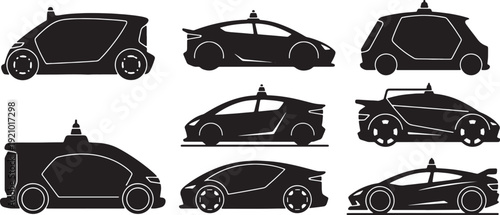 Black Solid Autonomous Self-Driving Car Silhouettes Set of Six on White Background