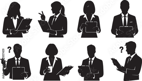 Black Solid Benefits & Perks Inquiry Silhouettes Set of Six on White Background