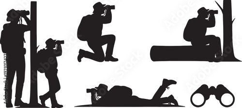 Explorer Using Binoculars in Various Stances Silhouettes Set