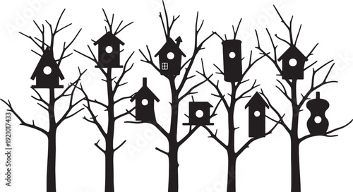 Black Solid Birdhouse Tree Silhouettes Set of Six on White Background