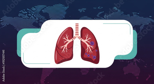  World Tuberculosis Day Detailed illustration of human lungs with visible viral infection, set against a global map, symbolizing worldwide respiratory health challenges and disease spread