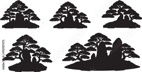 Black Solid Bonsai Forest Group Silhouettes Set of Six on White Background
