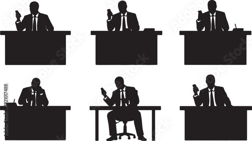 Black Solid Boss Checking Phone on Desk Silhouettes Set of Six on White Background