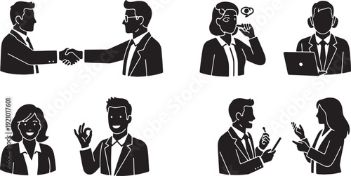 Black Solid Building Rapport in HR Interview Silhouettes Set of Six on White Background