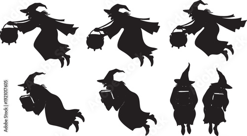 Black Solid Burden Carrying Witch Silhouettes Set of Six on White Background