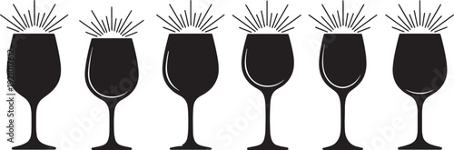 Black Solid Burst Wine Glasses Silhouettes Set of Six on White Background