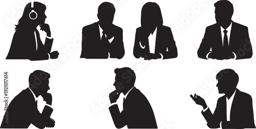 Black Solid Active Listening Interview Silhouettes Set of Six on White Background
