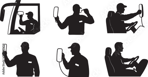Black Solid Bus Driver Adjusting Mirror Silhouettes Set of Six on White Background