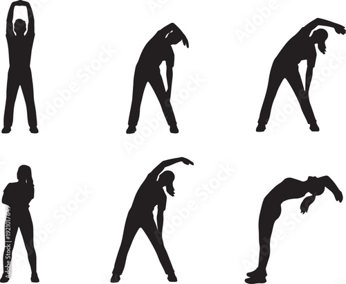 Black Solid Bus Driver Stretching Silhouettes Set of Six on White Background