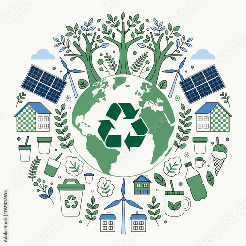 Eco-friendly lifestyle and green energy with planet earth and sustainability icons