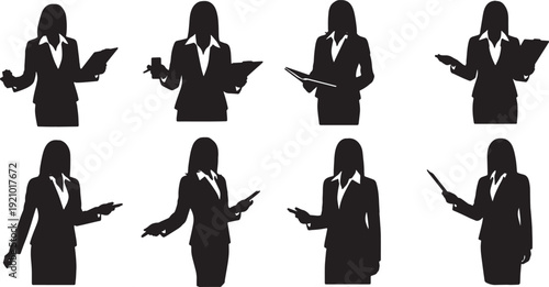 Black Solid Businesswoman Presenting Silhouettes Set of Six on White Background