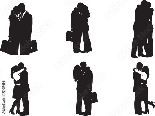 Black Solid Business Office Couple Hugs Set of Six on White Background