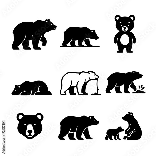 Various black and white bear illustrations and silhouettes depicting different poses and family groups.
