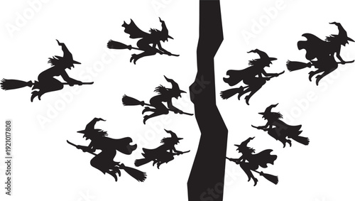 Black Solid Canyon Flight Witch Silhouettes Set of Six on White Background