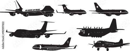 Black Solid Air Force One Type Aircraft Silhouettes Set of Six on White Background