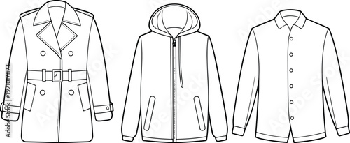 Men outerwear collection vector illustration, trench coat, hooded jacket, button up coat, fashion line art clothing template design