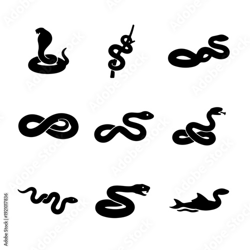 A collection of black silhouette icons depicting various types and poses of snakes.