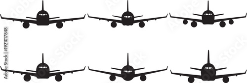 Black Solid Airplanes 3/4 Front View Silhouettes Set of Six on White Background
