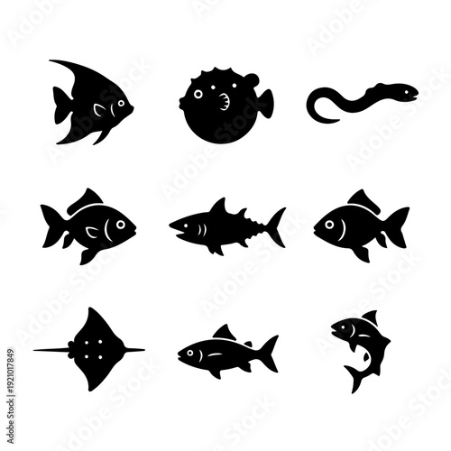 A collection of nine black silhouette icons depicting various types of fish and aquatic creatures on a white background.