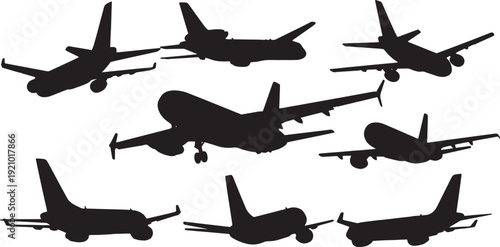 Black Solid Airplanes 3/4 Rear View Silhouettes Set of Six on White Background