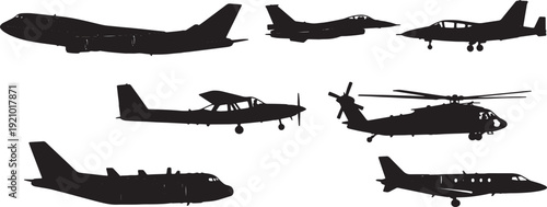 Black Solid Airplanes Side Profile View Silhouettes Set of Six on White Background