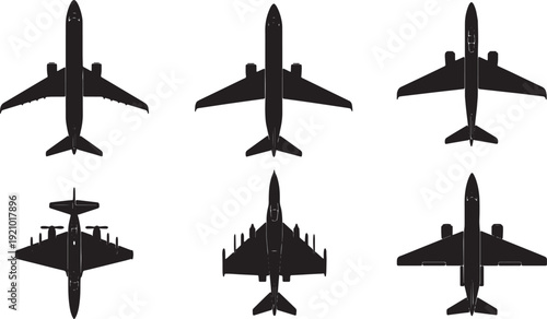 Black Solid Airplanes Top-Down View Silhouettes Set of Six on White Background